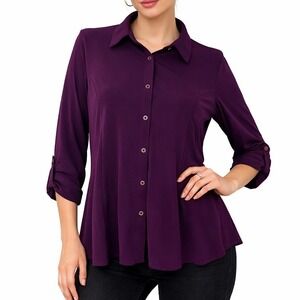 Knapp Studio Blouse Top L Purple Flowy Button Down Stretch Career Office Classic